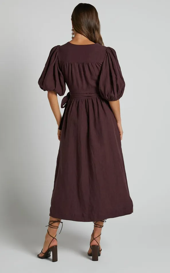 Showpo Amalie The Label 8211 Franc Linen Puff Sleeve Wrap Midi Dress In Dark Plum Women Curve Clothes