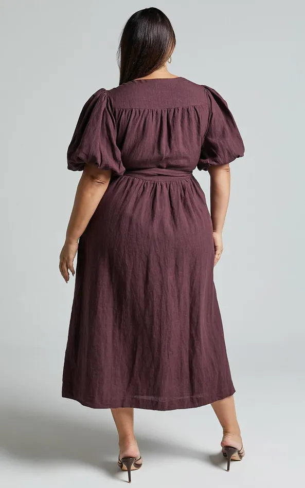 Showpo Amalie The Label 8211 Franc Linen Puff Sleeve Wrap Midi Dress In Dark Plum Women Curve Clothes