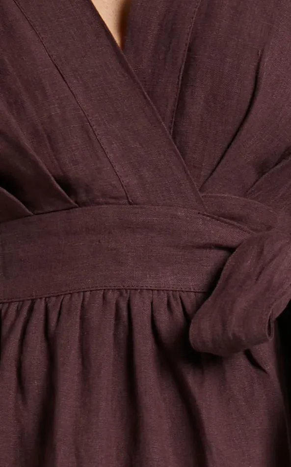 Showpo Amalie The Label 8211 Franc Linen Puff Sleeve Wrap Midi Dress In Dark Plum Women Curve Clothes