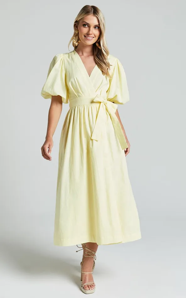 Showpo Amalie The Label 8211 Franc Linen Puff Sleeve Wrap Midi Dress In Lemon Women Dresses Showpo Amalie The Label 8211 Franc Linen Puff Sleeve Wrap Midi Dress In Lemon Women Dresses