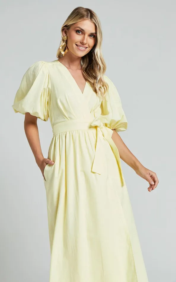 Showpo Amalie The Label 8211 Franc Linen Puff Sleeve Wrap Midi Dress In Lemon Women Dresses