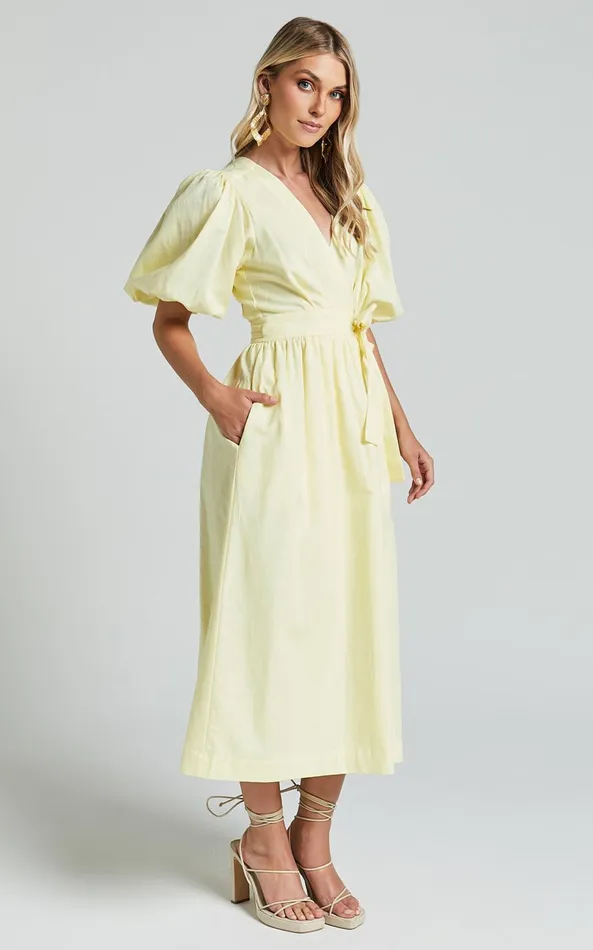 Showpo Amalie The Label 8211 Franc Linen Puff Sleeve Wrap Midi Dress In Lemon Women Dresses