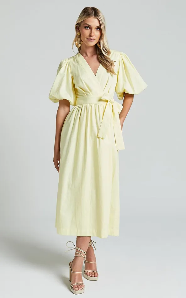 Showpo Amalie The Label 8211 Franc Linen Puff Sleeve Wrap Midi Dress In Lemon Women Dresses