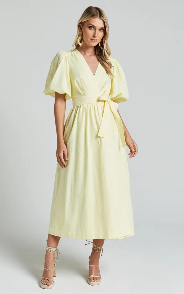 Showpo Amalie The Label 8211 Franc Linen Puff Sleeve Wrap Midi Dress In Lemon Women Dresses