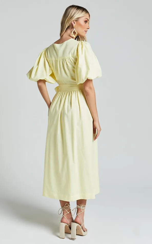 Showpo Amalie The Label 8211 Franc Linen Puff Sleeve Wrap Midi Dress In Lemon Women Dresses