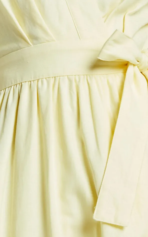 Showpo Amalie The Label 8211 Franc Linen Puff Sleeve Wrap Midi Dress In Lemon Women Dresses