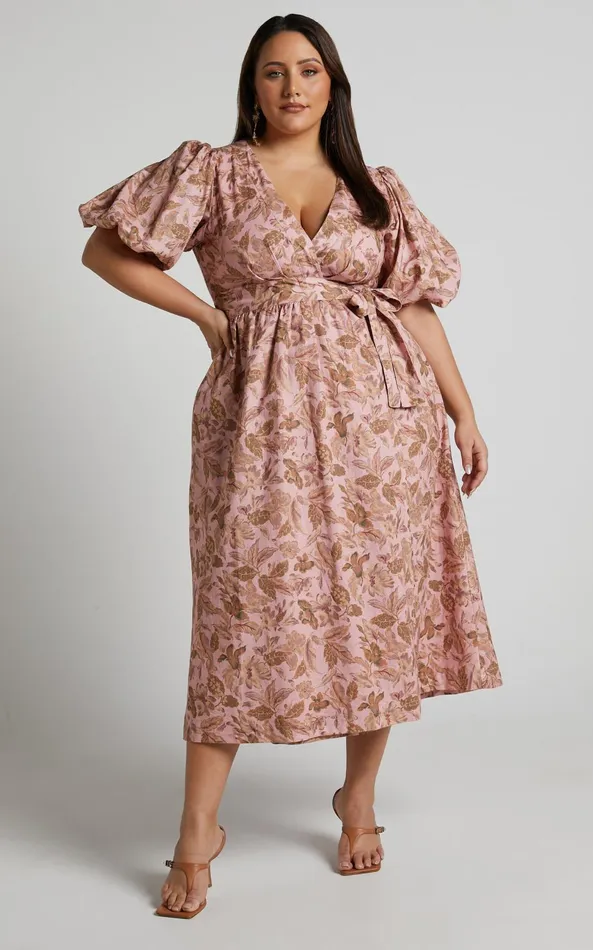 Showpo Amalie The Label 8211 Franc Linen Puff Sleeve Wrap Midi Dress In Vahala Print Women Shop Conscious
