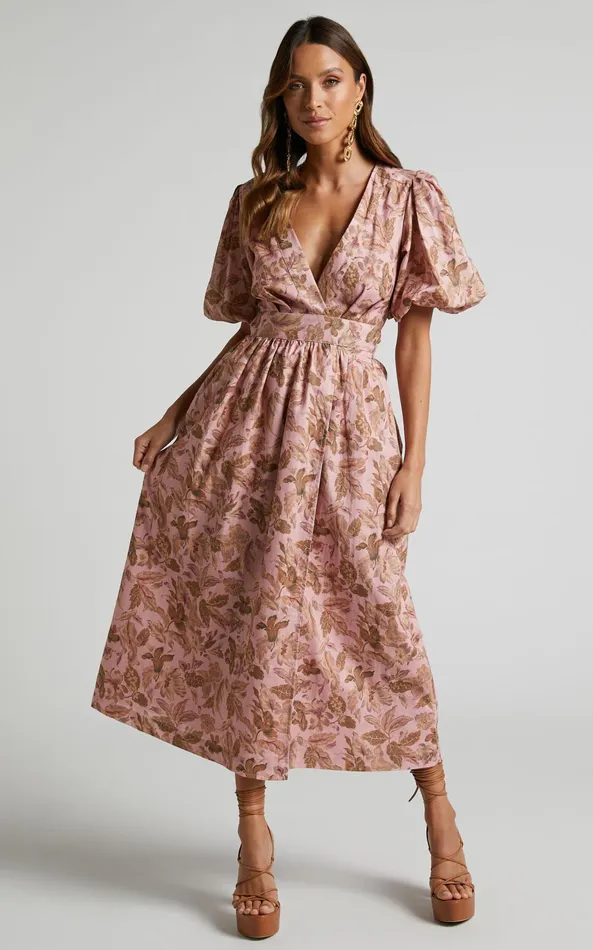 Showpo Amalie The Label 8211 Franc Linen Puff Sleeve Wrap Midi Dress In Vahala Print Women Shop Conscious
