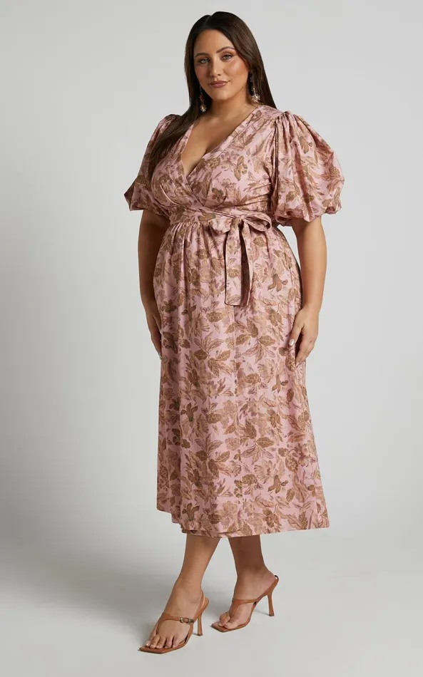 Showpo Amalie The Label 8211 Franc Linen Puff Sleeve Wrap Midi Dress In Vahala Print Women Shop Conscious