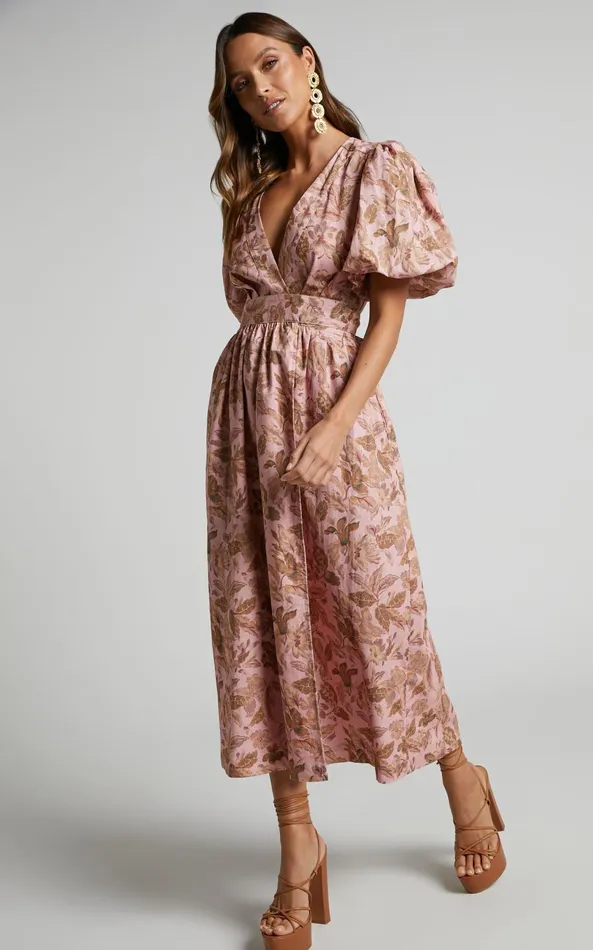 Showpo Amalie The Label 8211 Franc Linen Puff Sleeve Wrap Midi Dress In Vahala Print Women Shop Conscious