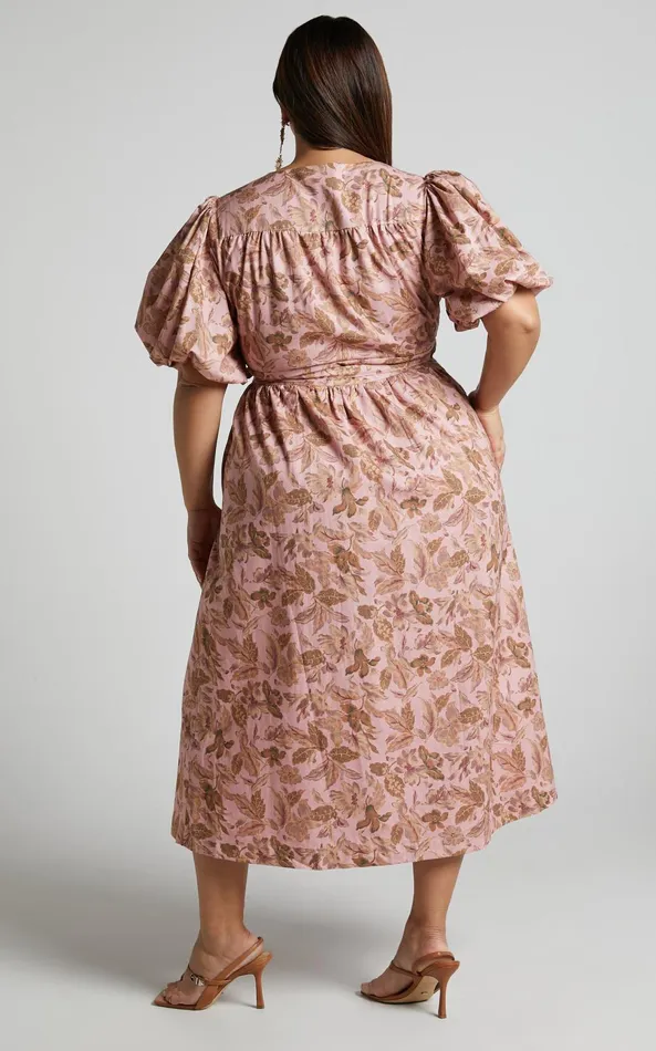 Showpo Amalie The Label 8211 Franc Linen Puff Sleeve Wrap Midi Dress In Vahala Print Women Shop Conscious