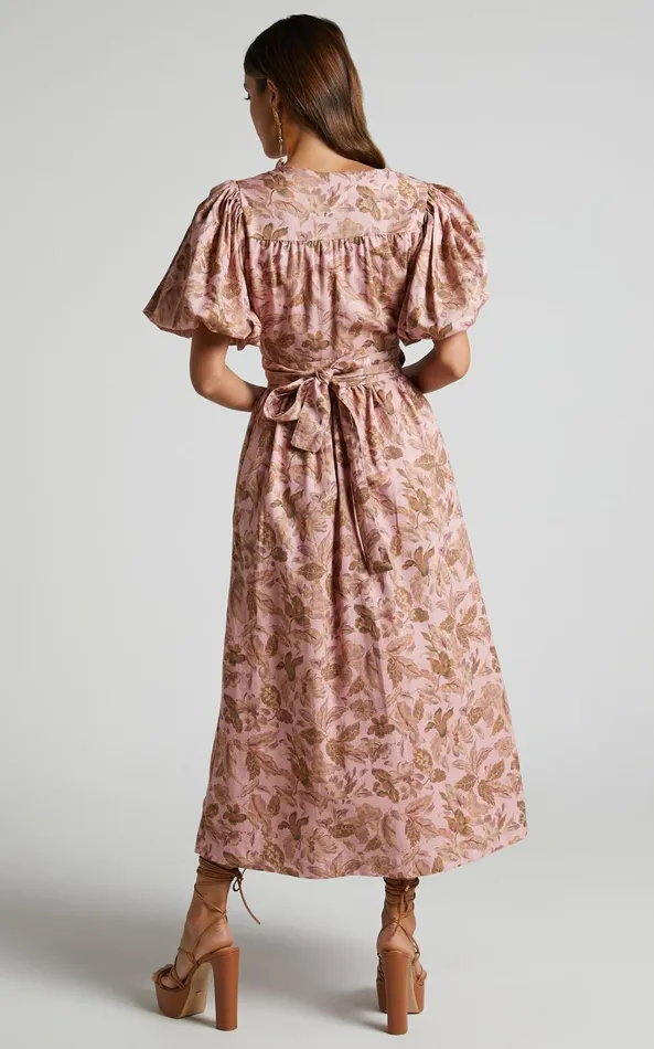 Showpo Amalie The Label 8211 Franc Linen Puff Sleeve Wrap Midi Dress In Vahala Print Women Shop Conscious