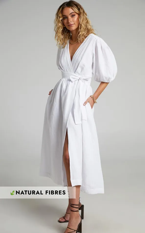 Showpo Amalie The Label 8211 Franc Linen Puff Sleeve Wrap Midi Dress In White Women Curve Clothes Showpo Amalie The Label 8211 Franc Linen Puff Sleeve Wrap Midi Dress In White Women Curve Clothes
