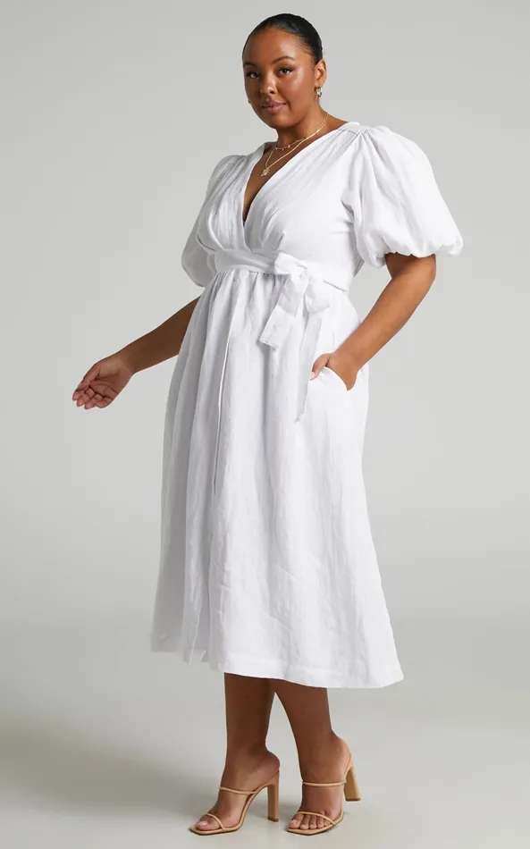 Showpo Amalie The Label 8211 Franc Linen Puff Sleeve Wrap Midi Dress In White Women Curve Clothes
