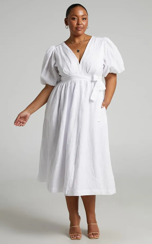 Showpo Amalie The Label 8211 Franc Linen Puff Sleeve Wrap Midi Dress In White Women Curve Clothes
