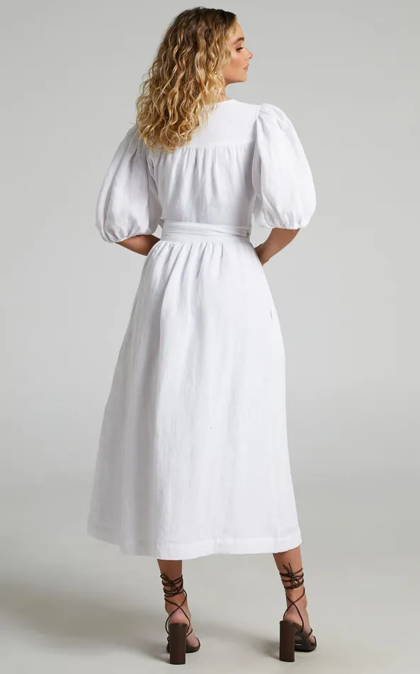 Showpo Amalie The Label 8211 Franc Linen Puff Sleeve Wrap Midi Dress In White Women Curve Clothes