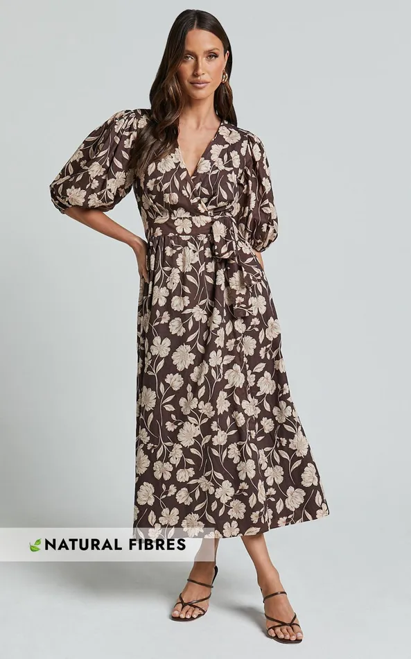Showpo Amalie The Label 8211 Francie Linen Blend Puff Sleeve Wrap Midi Dress In Sahara Print Women Curve Clothes Showpo Amalie The Label 8211 Francie Linen Blend Puff Sleeve Wrap Midi Dress In Sahara Print Women Curve Clothes