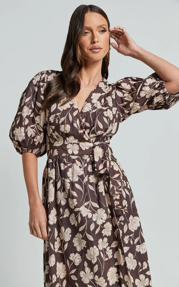 Showpo Amalie The Label 8211 Francie Linen Blend Puff Sleeve Wrap Midi Dress In Sahara Print Women Curve Clothes