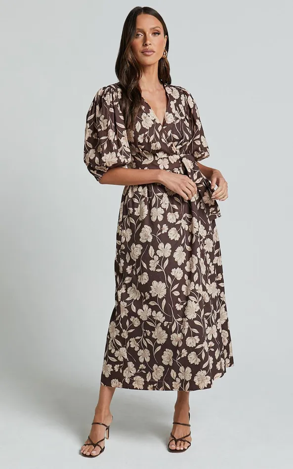 Showpo Amalie The Label 8211 Francie Linen Blend Puff Sleeve Wrap Midi Dress In Sahara Print Women Curve Clothes