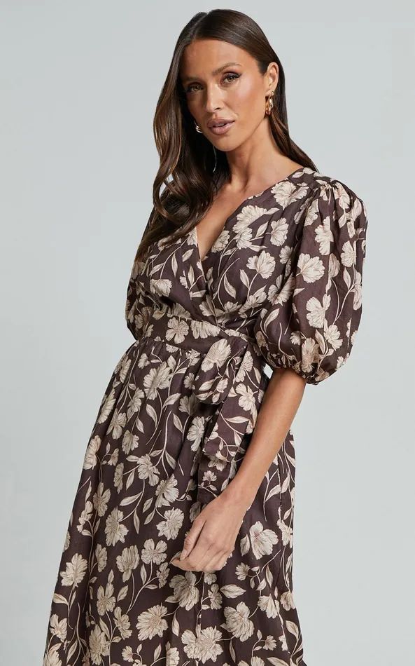 Showpo Amalie The Label 8211 Francie Linen Blend Puff Sleeve Wrap Midi Dress In Sahara Print Women Curve Clothes