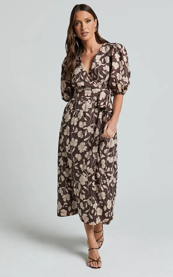 Showpo Amalie The Label 8211 Francie Linen Blend Puff Sleeve Wrap Midi Dress In Sahara Print Women Curve Clothes