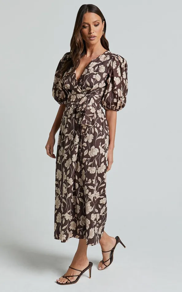 Showpo Amalie The Label 8211 Francie Linen Blend Puff Sleeve Wrap Midi Dress In Sahara Print Women Curve Clothes