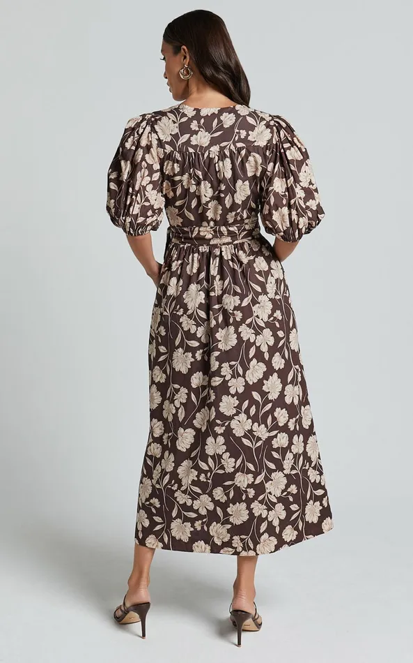 Showpo Amalie The Label 8211 Francie Linen Blend Puff Sleeve Wrap Midi Dress In Sahara Print Women Curve Clothes