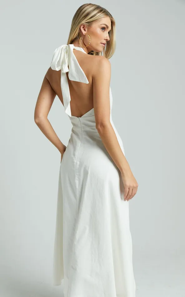 Showpo Amalie The Label 8211 Freesia Linen Blend Halter Tie Neck Midi Dress In White Women Dresses