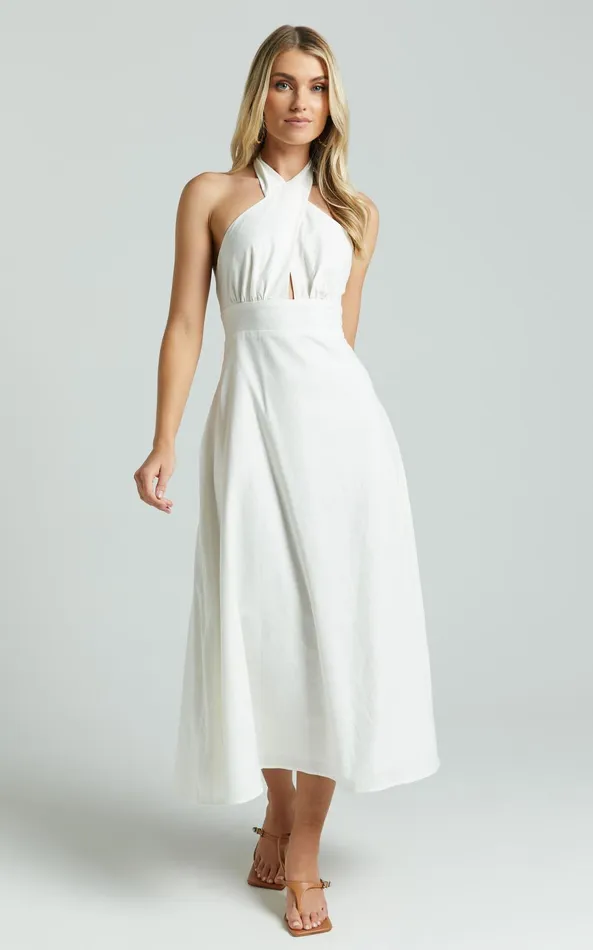 Showpo Amalie The Label 8211 Freesia Linen Blend Halter Tie Neck Midi Dress In White Women Dresses