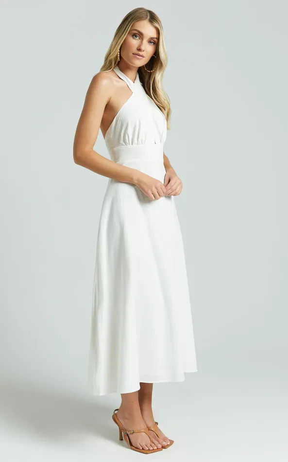 Showpo Amalie The Label 8211 Freesia Linen Blend Halter Tie Neck Midi Dress In White Women Dresses