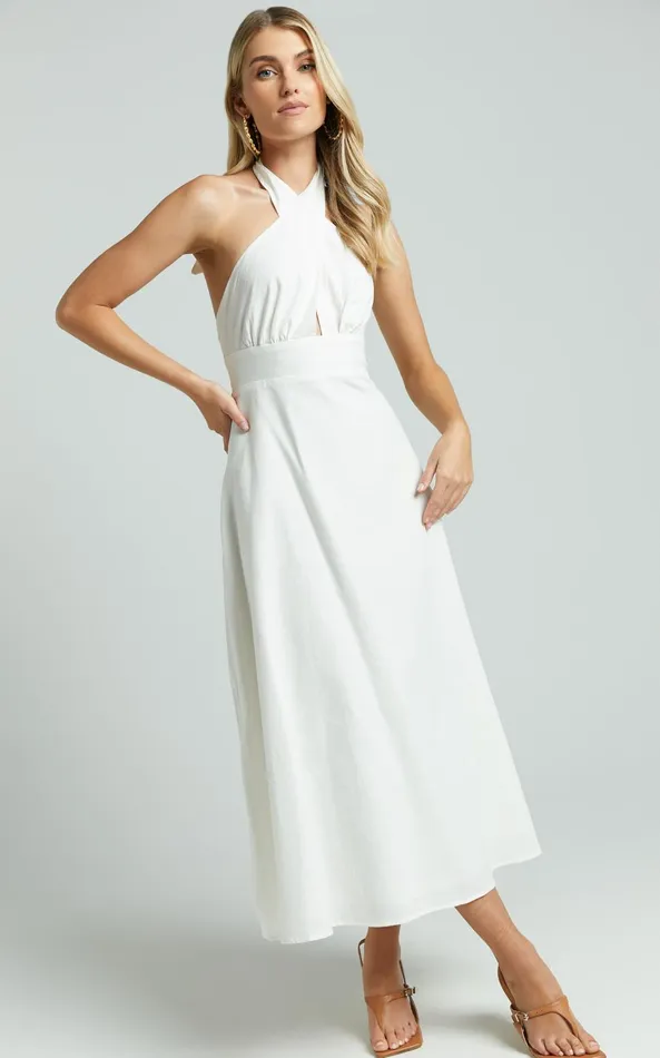 Showpo Amalie The Label 8211 Freesia Linen Blend Halter Tie Neck Midi Dress In White Women Dresses