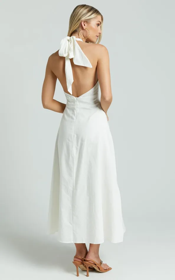 Showpo Amalie The Label 8211 Freesia Linen Blend Halter Tie Neck Midi Dress In White Women Dresses
