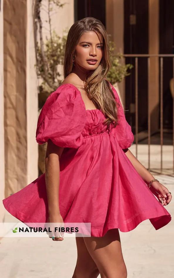 Showpo Amalie The Label 8211 Hamyya Linen Tie Back Puff Sleeve Mini Dress In Magenta Women Curve Clothes Showpo Amalie The Label 8211 Hamyya Linen Tie Back Puff Sleeve Mini Dress In Magenta Women Curve Clothes