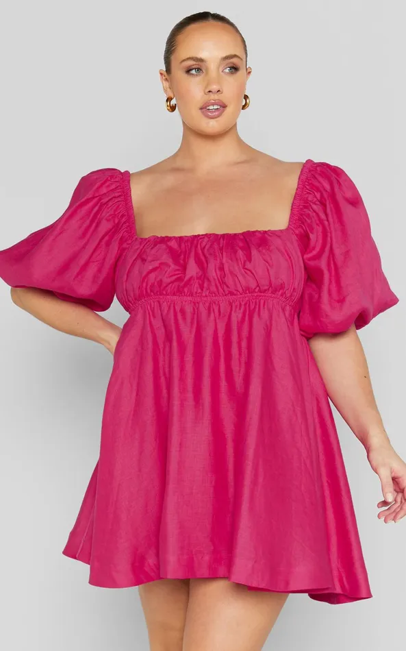 Showpo Amalie The Label 8211 Hamyya Linen Tie Back Puff Sleeve Mini Dress In Magenta Women Curve Clothes