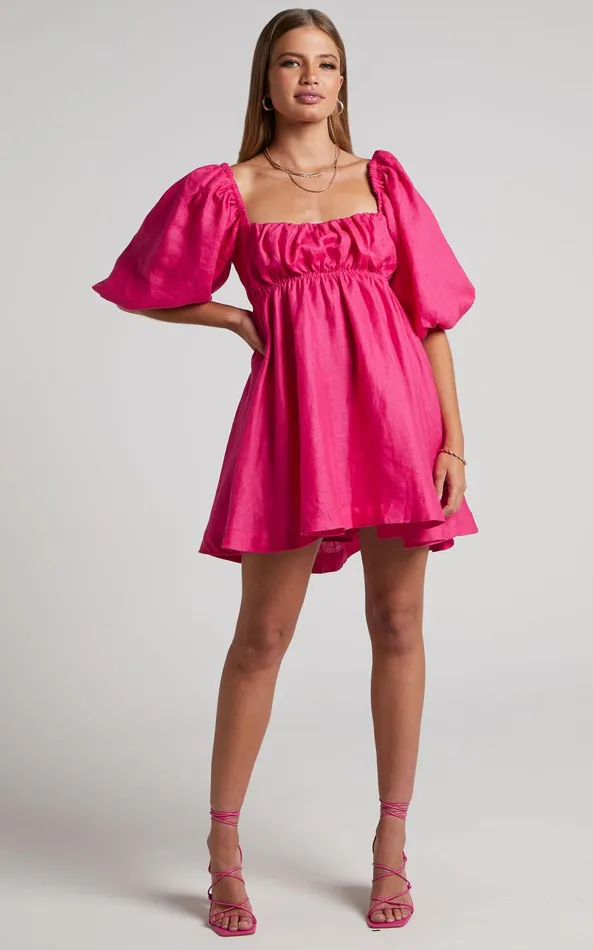 Showpo Amalie The Label 8211 Hamyya Linen Tie Back Puff Sleeve Mini Dress In Magenta Women Curve Clothes