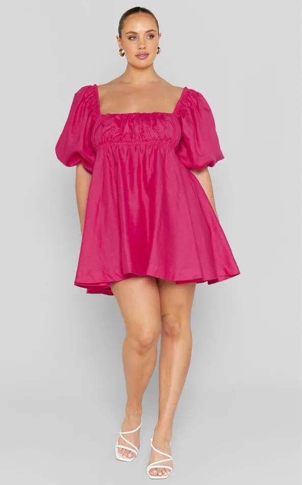Showpo Amalie The Label 8211 Hamyya Linen Tie Back Puff Sleeve Mini Dress In Magenta Women Curve Clothes