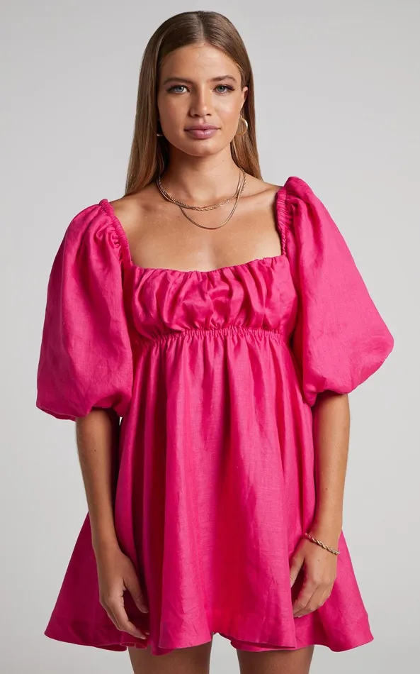 Showpo Amalie The Label 8211 Hamyya Linen Tie Back Puff Sleeve Mini Dress In Magenta Women Curve Clothes
