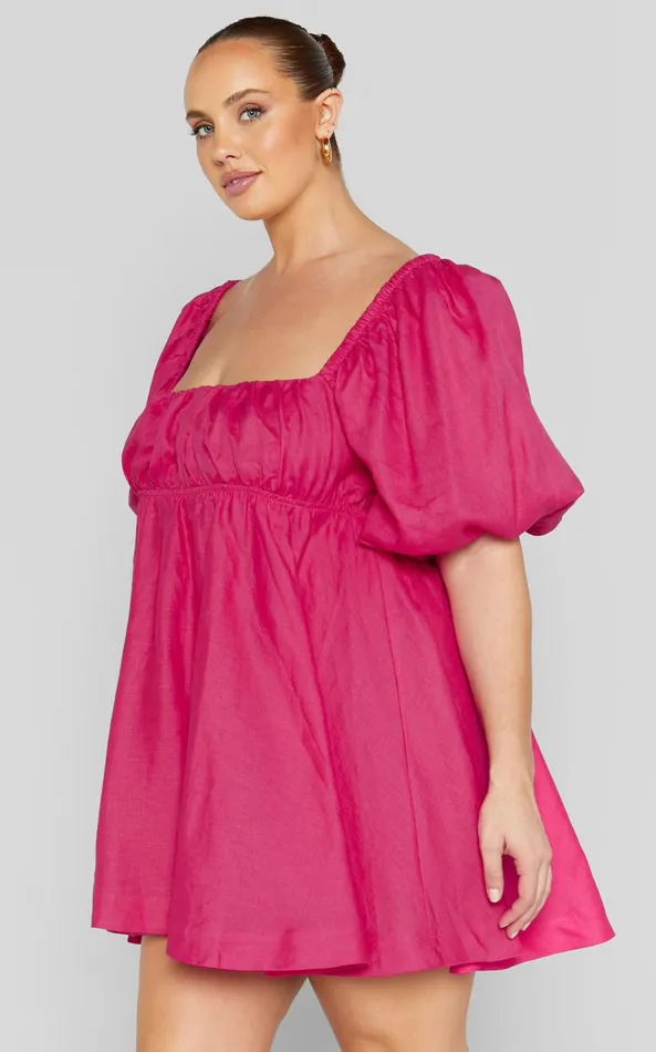 Showpo Amalie The Label 8211 Hamyya Linen Tie Back Puff Sleeve Mini Dress In Magenta Women Curve Clothes