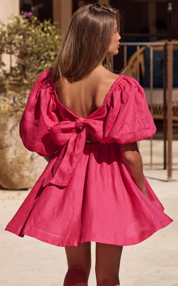 Showpo Amalie The Label 8211 Hamyya Linen Tie Back Puff Sleeve Mini Dress In Magenta Women Curve Clothes