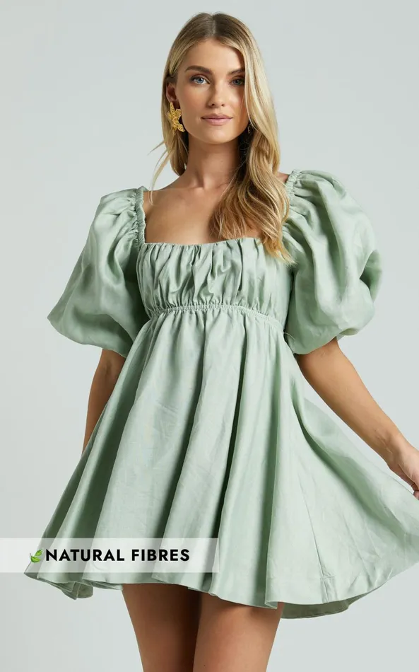 Showpo Amalie The Label 8211 Hamyya Linen Tie Back Puff Sleeve Mini Dress In Sage Women Dresses Showpo Amalie The Label 8211 Hamyya Linen Tie Back Puff Sleeve Mini Dress In Sage Women Dresses