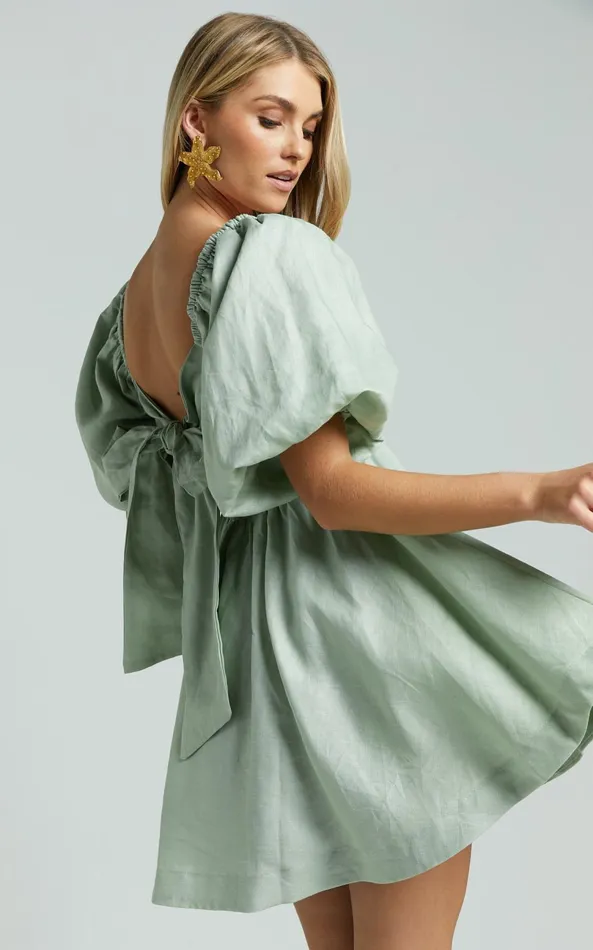 Showpo Amalie The Label 8211 Hamyya Linen Tie Back Puff Sleeve Mini Dress In Sage Women Dresses