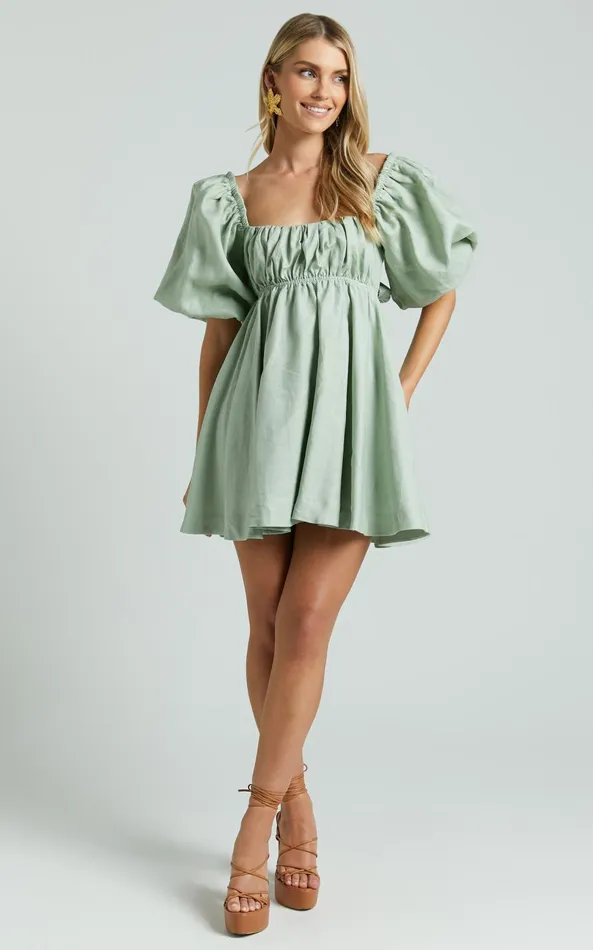 Showpo Amalie The Label 8211 Hamyya Linen Tie Back Puff Sleeve Mini Dress In Sage Women Dresses
