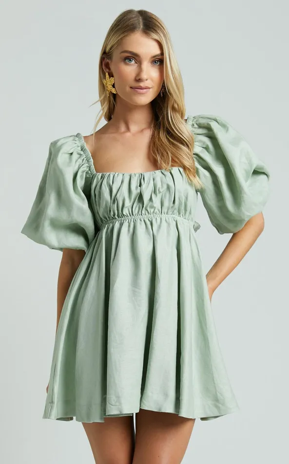 Showpo Amalie The Label 8211 Hamyya Linen Tie Back Puff Sleeve Mini Dress In Sage Women Dresses