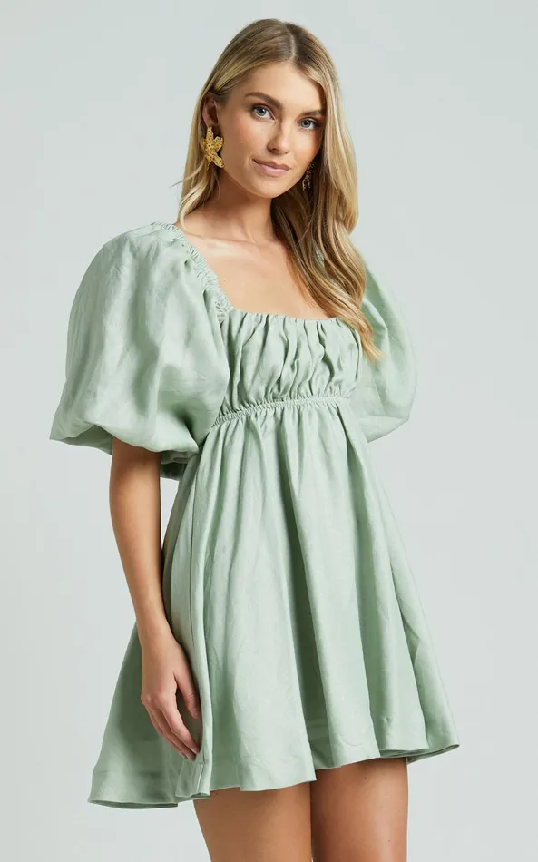 Showpo Amalie The Label 8211 Hamyya Linen Tie Back Puff Sleeve Mini Dress In Sage Women Dresses