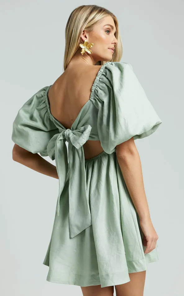 Showpo Amalie The Label 8211 Hamyya Linen Tie Back Puff Sleeve Mini Dress In Sage Women Dresses