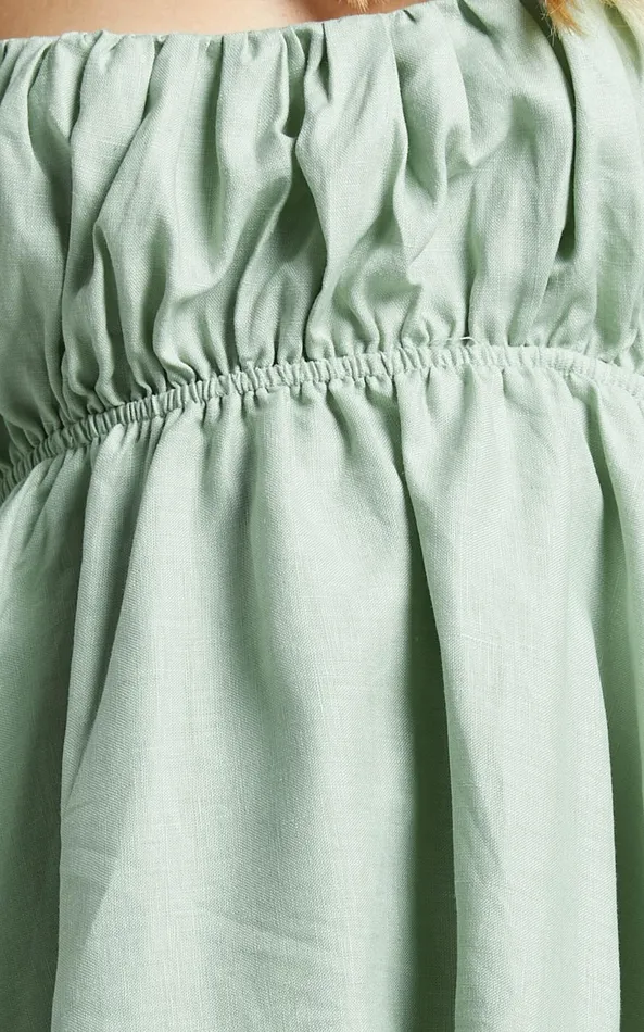 Showpo Amalie The Label 8211 Hamyya Linen Tie Back Puff Sleeve Mini Dress In Sage Women Dresses