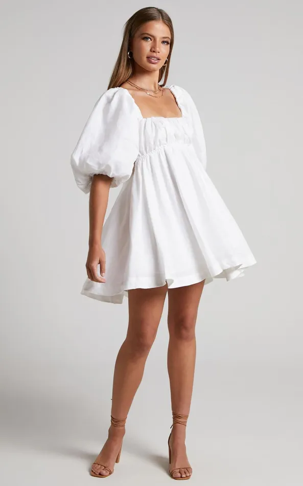 Showpo Amalie The Label 8211 Hamyya Linen Tie Back Puff Sleeve Mini Dress In White Women Curve Clothes
