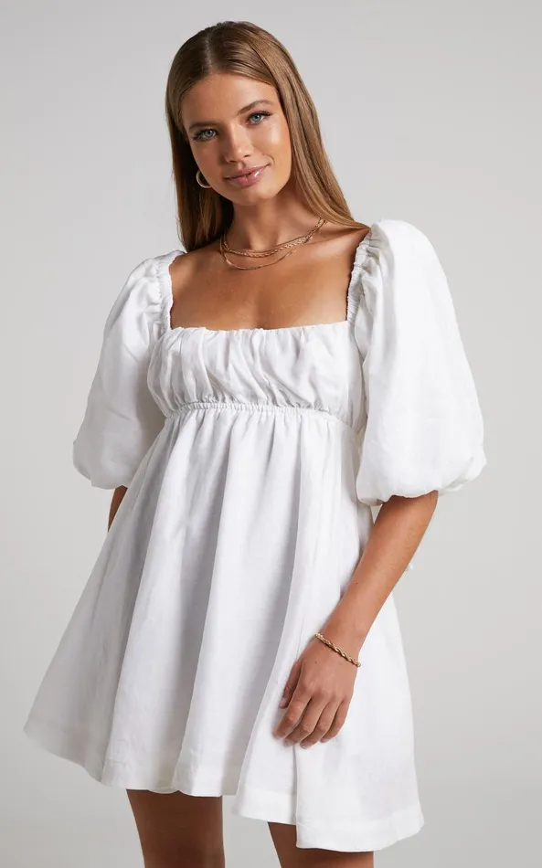 Showpo Amalie The Label 8211 Hamyya Linen Tie Back Puff Sleeve Mini Dress In White Women Curve Clothes