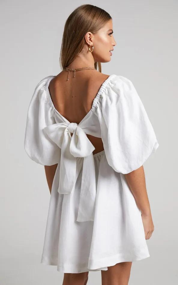 Showpo Amalie The Label 8211 Hamyya Linen Tie Back Puff Sleeve Mini Dress In White Women Curve Clothes