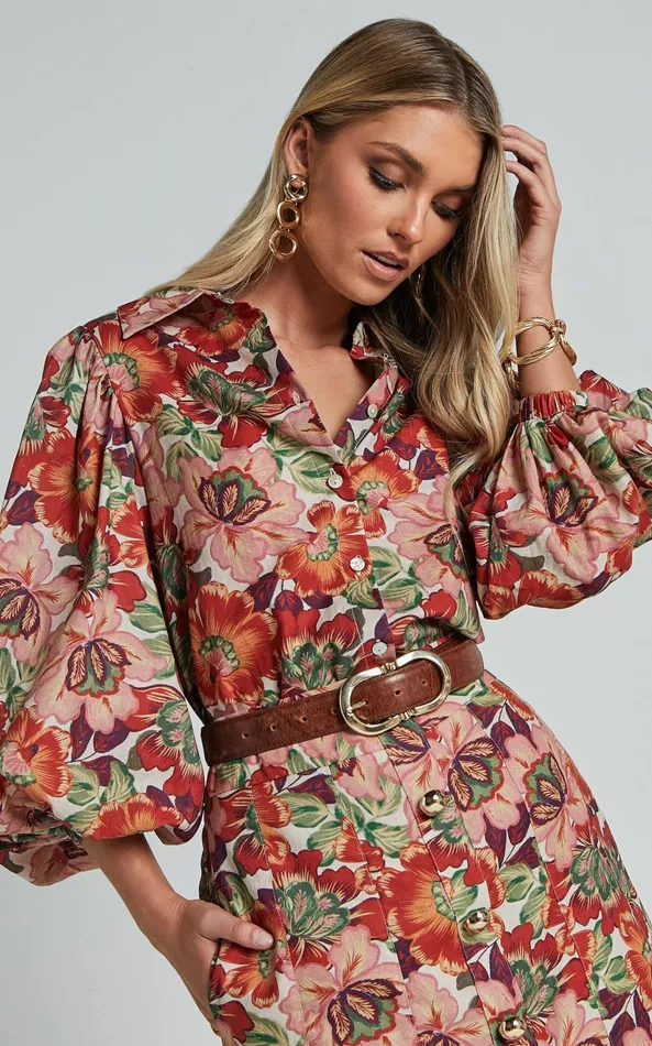 Showpo Amalie The Label 8211 Hanae Linen Blend Collared Button Through Puff Sleeve Shirt In Musee Print Women Tops